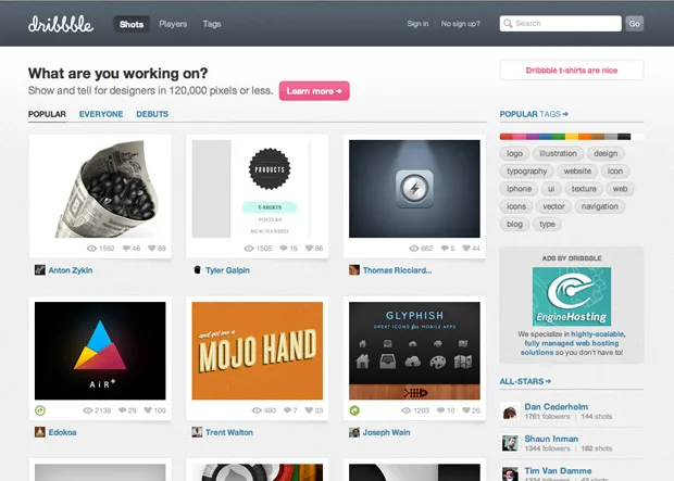 Dribbble ana sayfası ve öne çıkan tasarımlar
