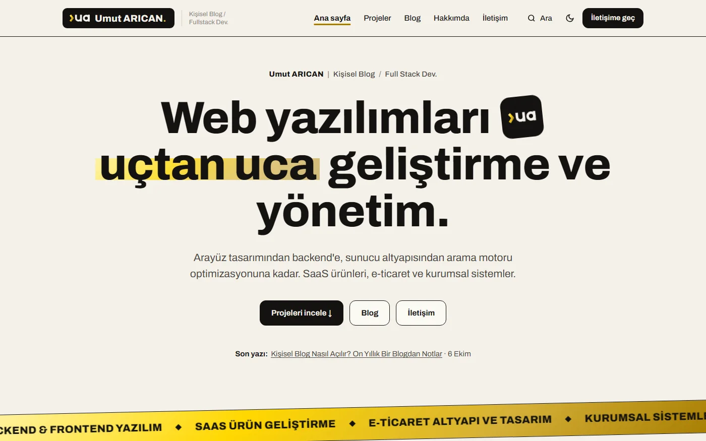umutarcn.com kişisel blogunun yeni tasarımının ana sayfası