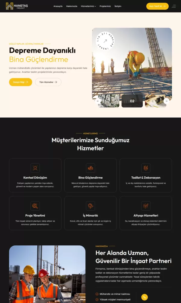Hanetaş İnşaat web sitesi ekran görüntüsü